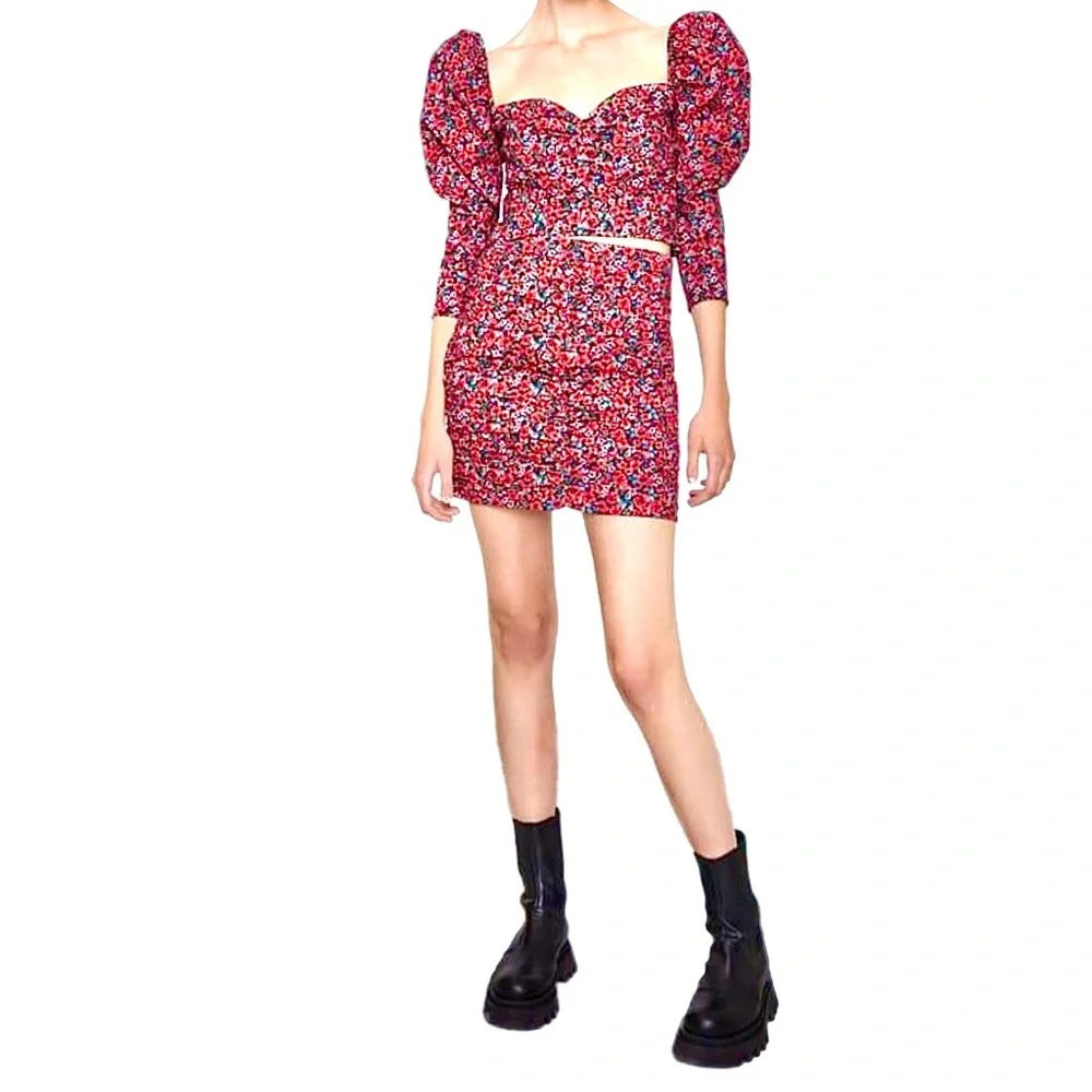 Zara Puff Sleeve Floral Crop Top Rose Print Sweetheart Ruched Blouse Size M - Picture 12 of 15